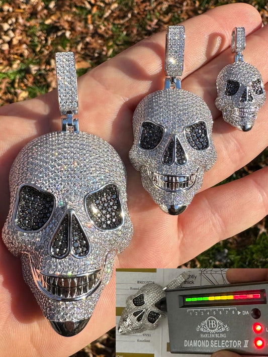 HarlemBling Solid 925 Silver MOISSANITE Skull Iced Fully 3D Hip Hop Pendant Necklace 3 Sizes