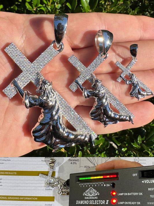 HarlemBling Solid 925 Silver Real MOISSANITE Jesus Carrying Cross Pendant Iced Necklace