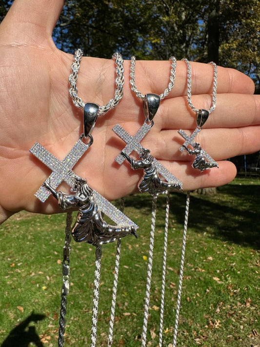 HarlemBling Solid 925 Silver Real MOISSANITE Jesus Carrying Cross Pendant Iced Necklace