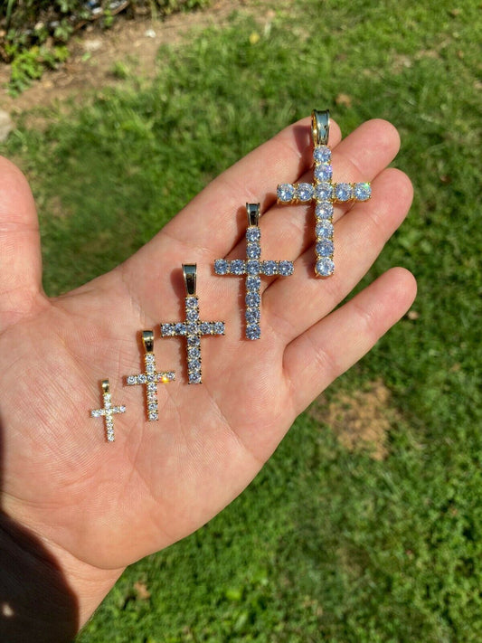 HarlemBling Solid 925 Sterling and 14k Gold Silver Tennis Cross Pendant Diamond Iced Necklace