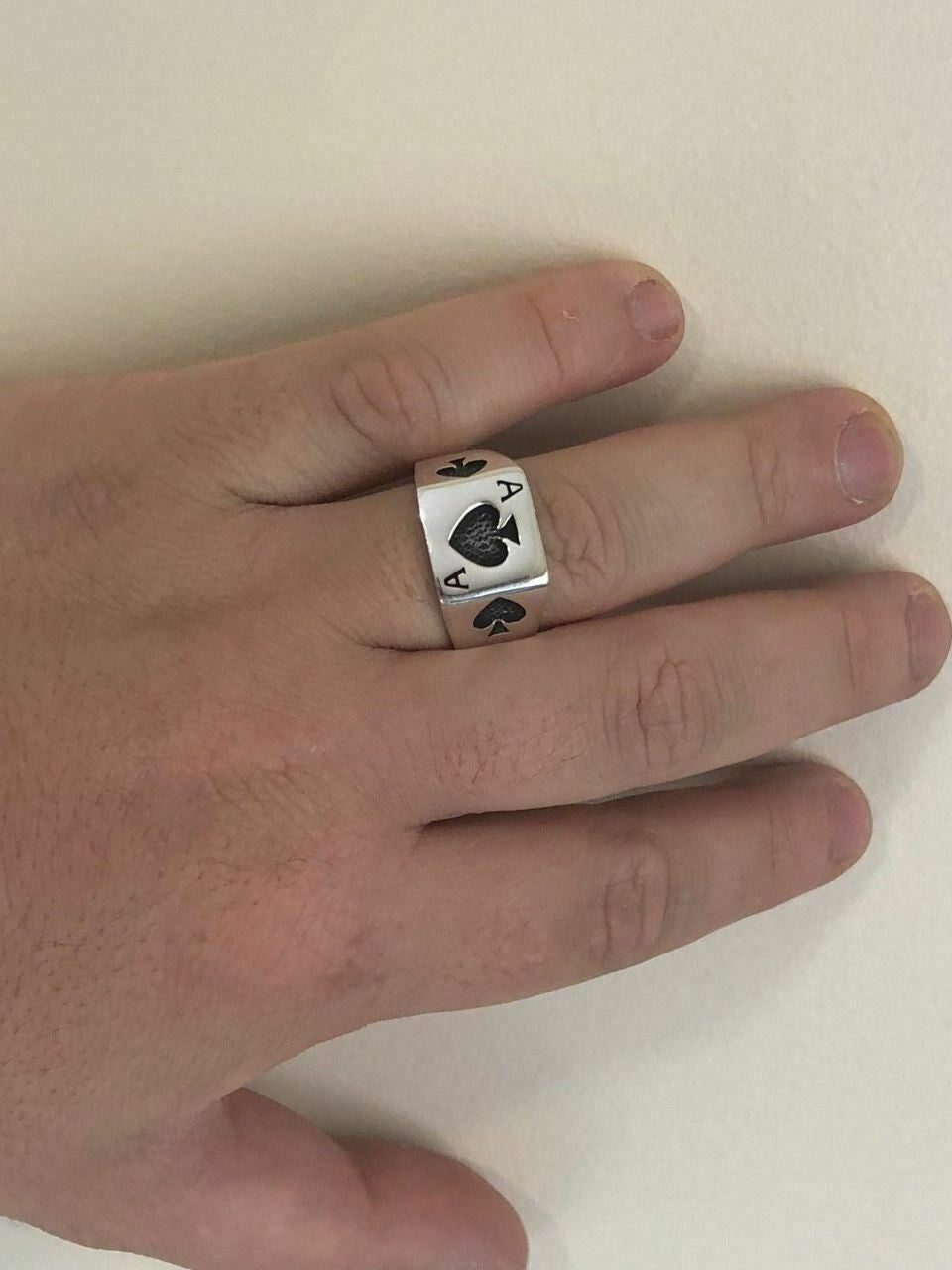 HarlemBling Solid 925 Sterling Silver Men Ace Of Spades Ring Lucky Poker Card Hand Size 7-13