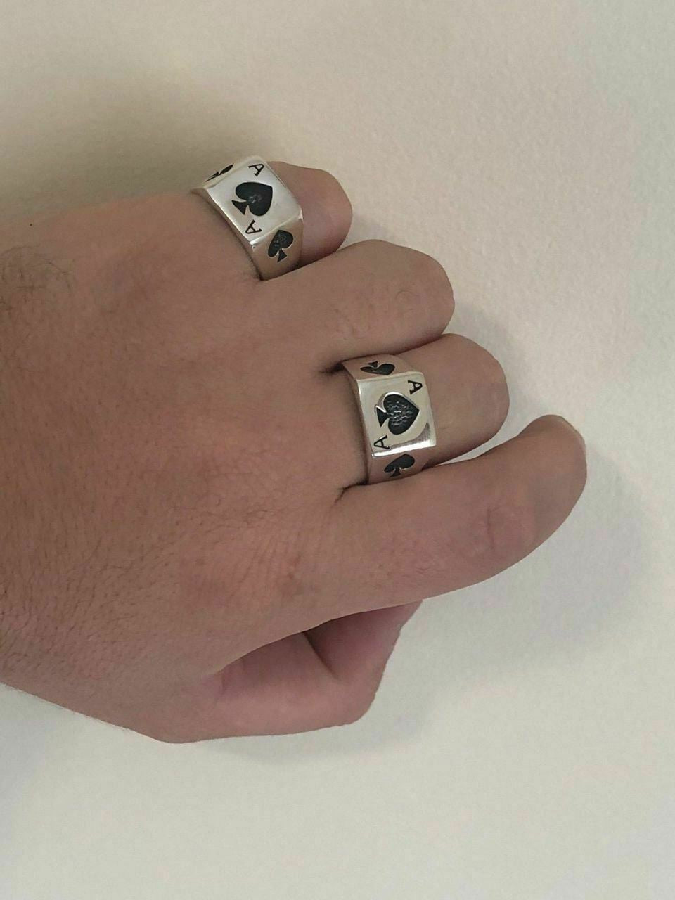 HarlemBling Solid 925 Sterling Silver Men Ace Of Spades Ring Lucky Poker Card Hand Size 7-13