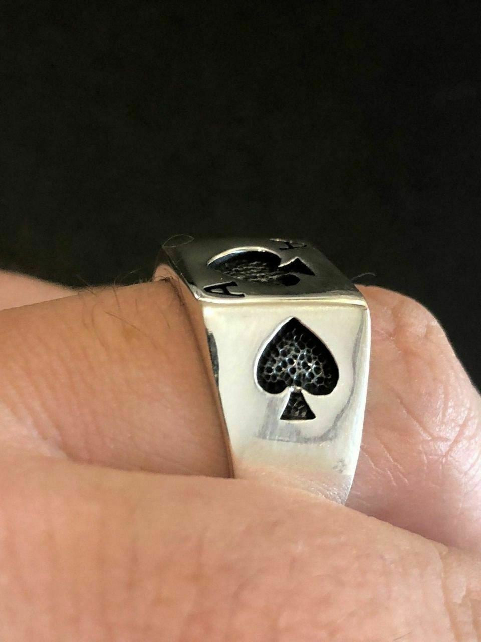 HarlemBling Solid 925 Sterling Silver Men Ace Of Spades Ring Lucky Poker Card Hand Size 7-13