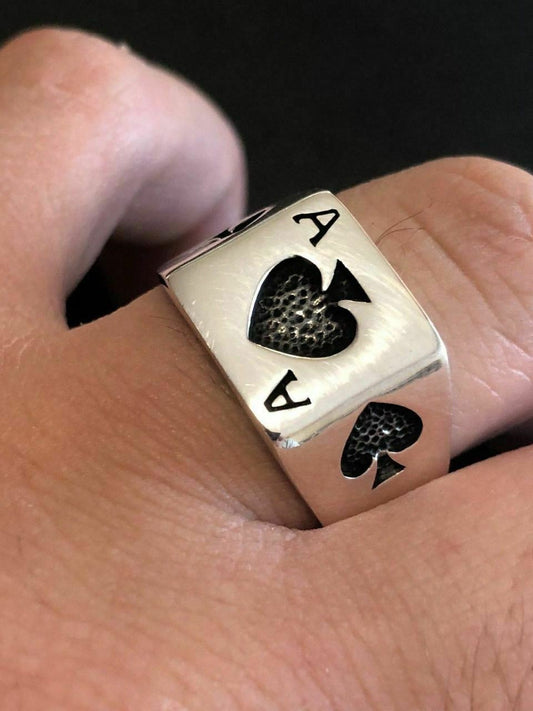HarlemBling Solid 925 Sterling Silver Men Ace Of Spades Ring Lucky Poker Card Hand Size 7-13