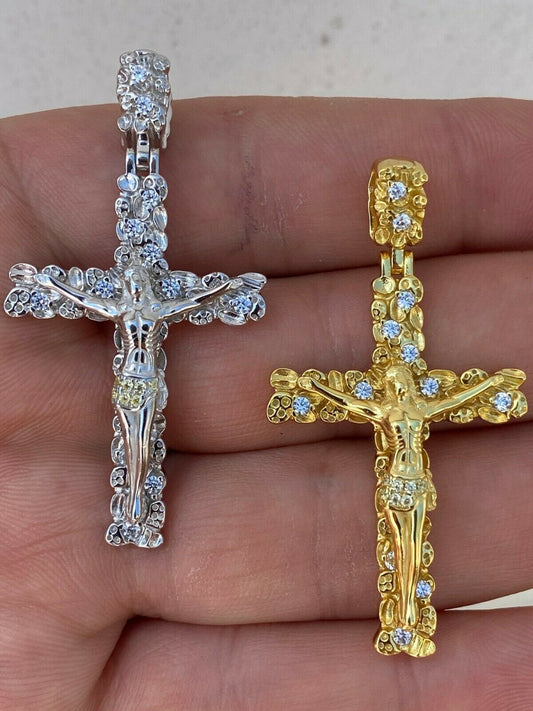 HarlemBling Solid 925 Sterling Silver Mens Nugget Cross Jesus On Crucifix Pendant Iced Gold