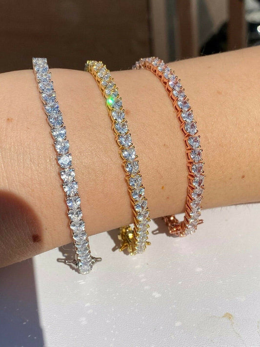 HarlemBling SOLID 925 Sterling Silver Tennis Bracelet ITALY Single Row Heart Shaped Diamond