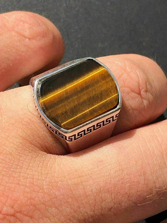 HarlemBling Solid 925 Sterling Silver Tigers Eye Mens Signet Ring Size 7 8 9 10 11 12 13