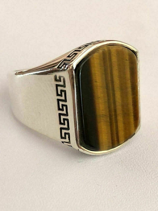 HarlemBling Solid 925 Sterling Silver Tigers Eye Mens Signet Ring Size 7 8 9 10 11 12 13