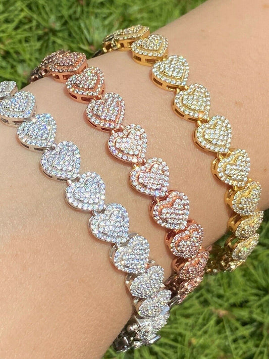 HarlemBling SOLID Real 925 Silver Ladies Iced Heart Link Bracelet Gold Rose Finish Diamond