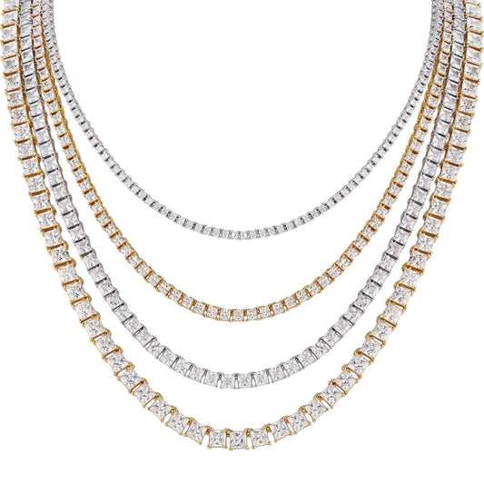 HarlemBling Square Tennis Chain Necklace Iced Out Princess Cut CZ Stones - 14k Gold Vermeil Or 925 Silver - 2mm-5mm - 16-30"