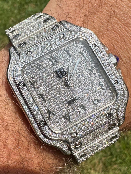 HarlemBling Stainless Steel Mens Watch Iced Simulated Diamond Hip Hop Bust Down Arabic Dial