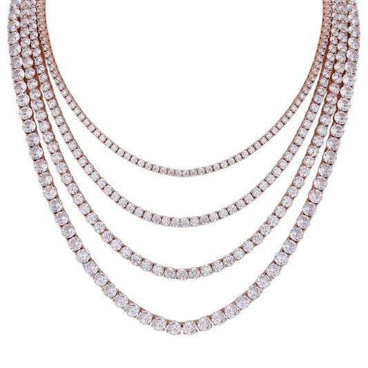 HarlemBling Tennis Chain Necklace Iced Out CZ Stones - 14k Rose Gold Vermeil Over 925 Silver - 3mm-6mm - 16-30"