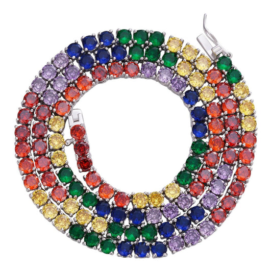 HarlemBling Tennis Chain Necklace Iced Out Rainbow CZ - 14k Yellow Gold Vermeil Or 925 Silver - 4mm - 16-28"