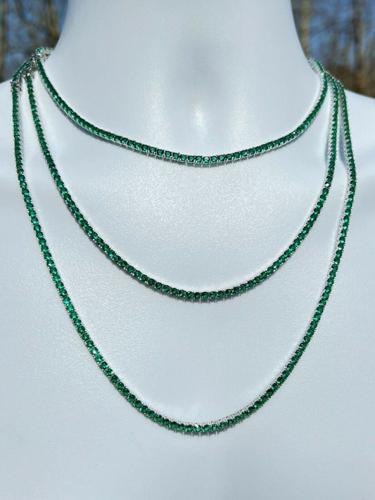 HarlemBling Tennis Chain Real 925 Sterling Silver Green Emerald Diamond Necklace 16-28 3mm