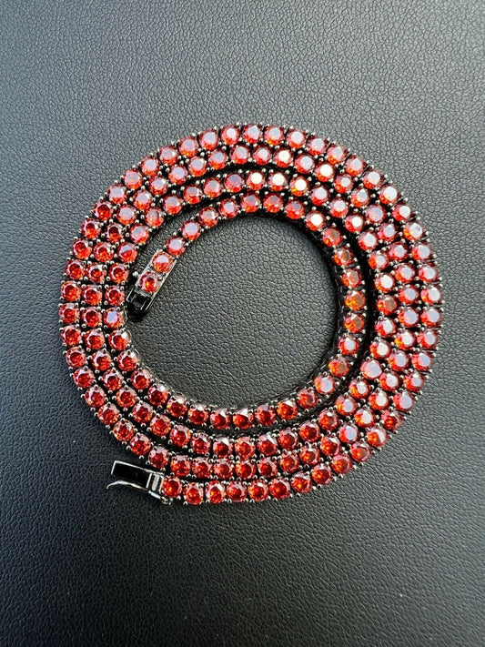 HarlemBling Tennis Chain Real 925 Sterling Silver Red Ruby Diamond Necklace 16-28 3mm Iced