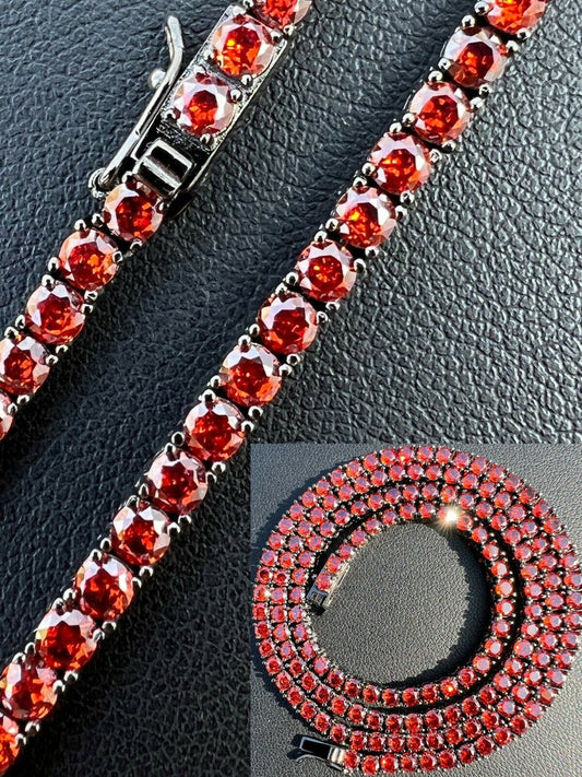 HarlemBling Tennis Chain Real 925 Sterling Silver Red Ruby Diamond Necklace 16-28 3mm Iced