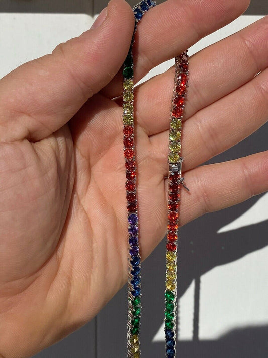 HarlemBling Tennis Chain SOLID 925 Sterling Silver Single Row Rainbow Diamond Necklace ITALY