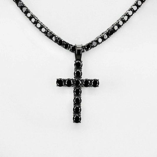 HarlemBling Tennis Chain W Cross Solid Real 925 Sterling Silver 4mm Black Diamonds 1 Row