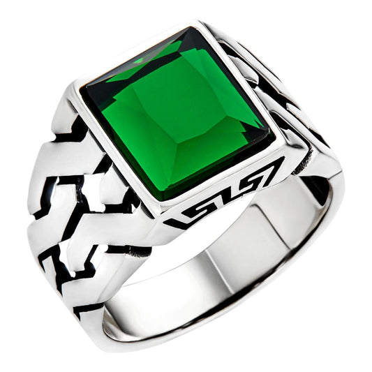 HarlemBling Twisted Path Solitaire Ring - 925 Silver Oxidized - Green CZ Stone