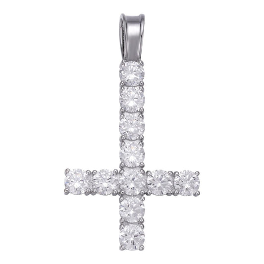HarlemBling Upside Down Inverted Tennis Cross Pendant - 925 Silver - CZ Stones - Medium 2"