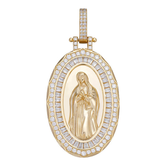 HarlemBling Virgin Mary Iced Medallion Pendant - 14k Gold Vermeil 925 Silver - CZ Stones - 3 Sizes 1.75"-3.25"