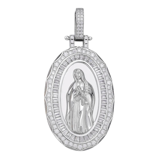 HarlemBling Virgin Mary Iced Medallion Pendant - 925 Silver - CZ Stones - 3 Sizes 1.75"-3.25"