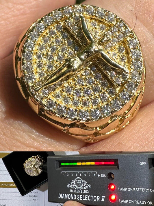 HarlemBling VVS Moissanite Nugget Ring Jesus On Cross Real 925 Silver 14K Gold Plated Iced