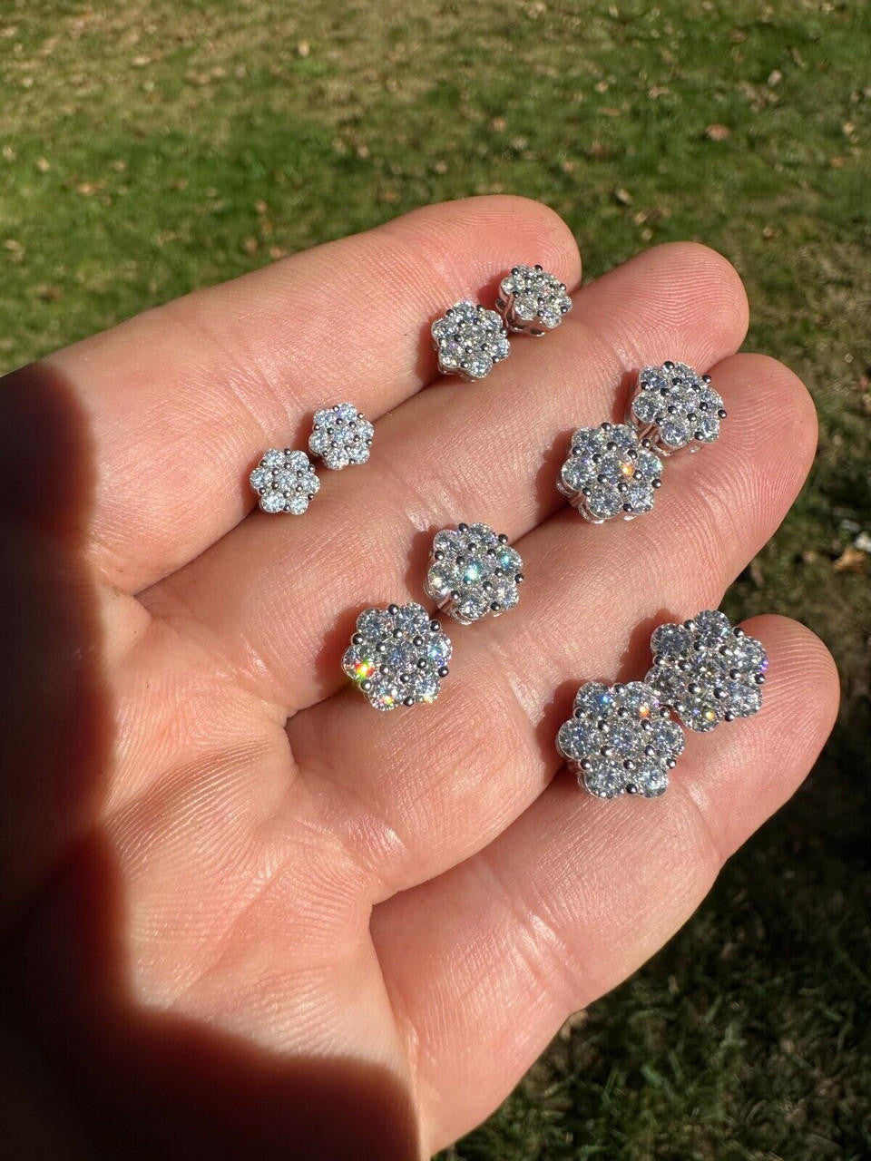 HarlemBling VVS Moissanite Studs Cluster Flower Set Earrings Real 925 Sterling Silver 6-11mm