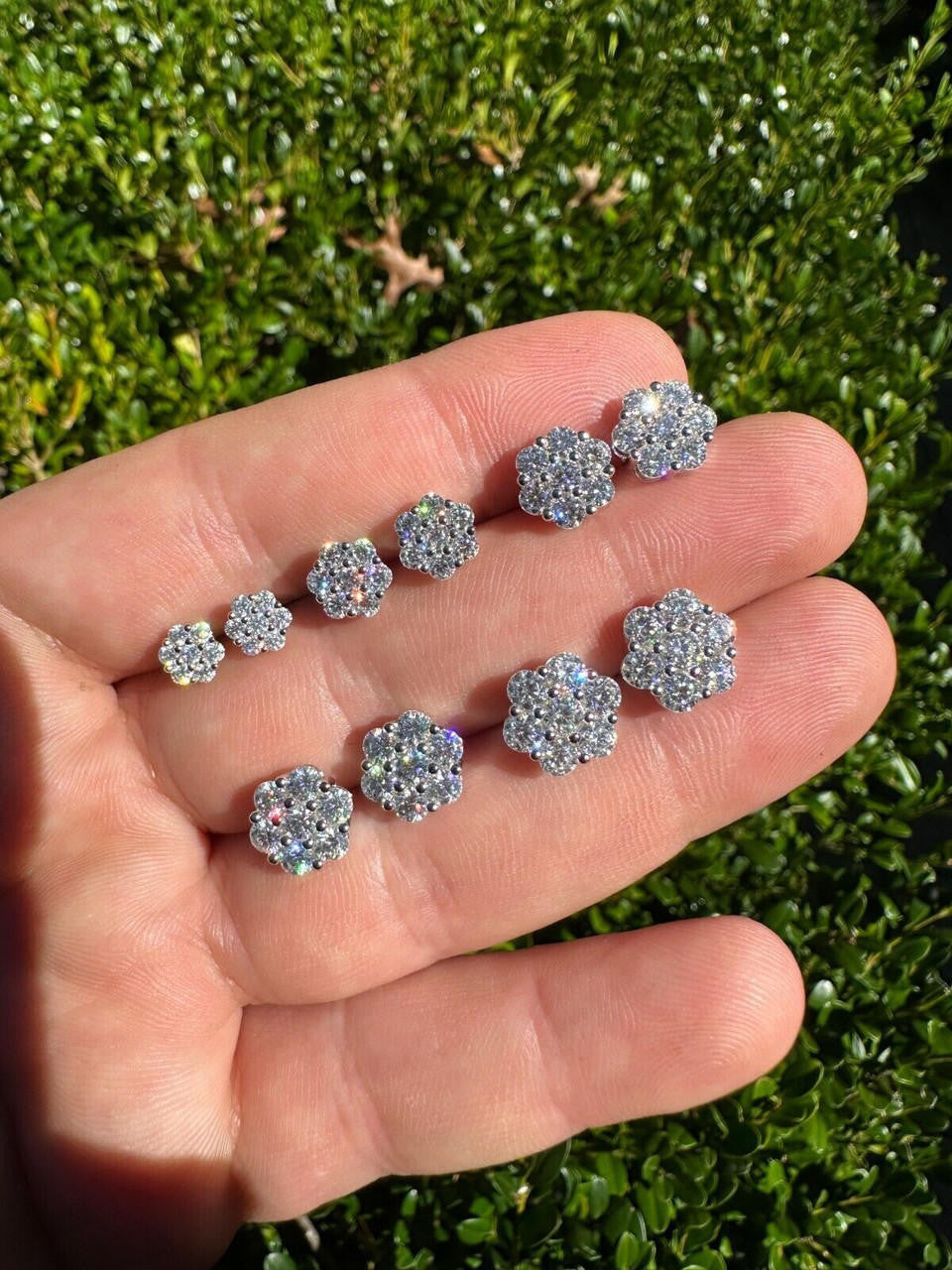 HarlemBling VVS Moissanite Studs Cluster Flower Set Earrings Real 925 Sterling Silver 6-11mm