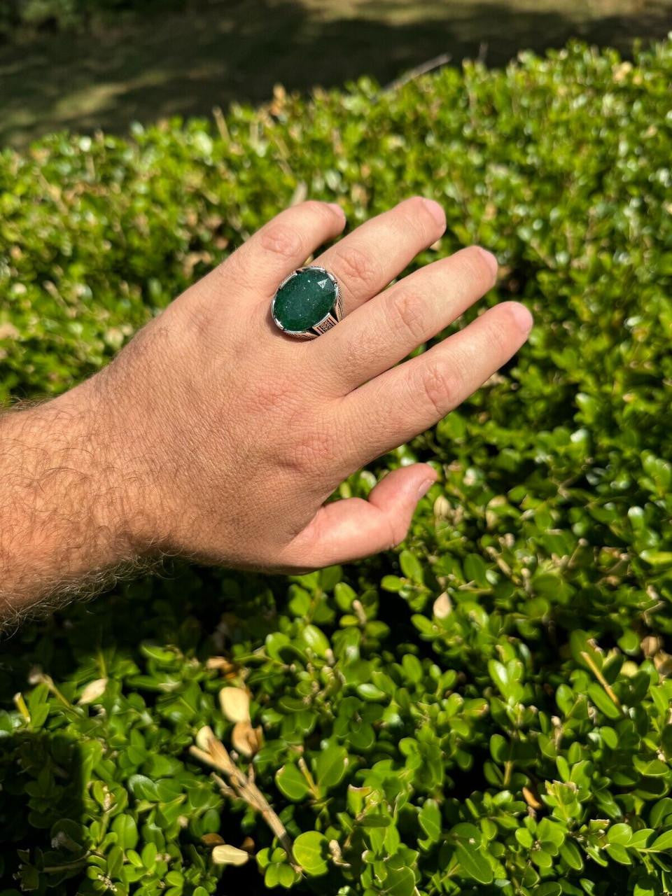 HarlemBling Wealth Ring - 925 Silver Oxidized - Genuine Green Emerald Stone