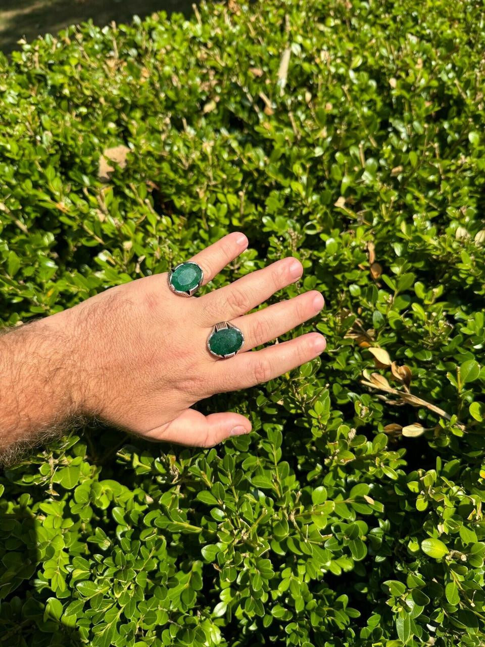 HarlemBling Wealth Ring - 925 Silver Oxidized - Genuine Green Emerald Stone