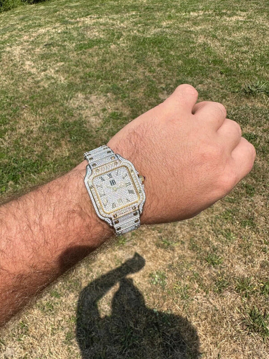 Hip Hop 14k Gold Plated & Stainless Steel Two Tone Real Mens Watch Iced CZ Hip Hop