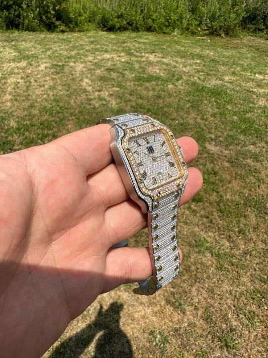 Hip Hop 14k Gold Plated & Stainless Steel Two Tone Real Mens Watch Iced CZ Hip Hop