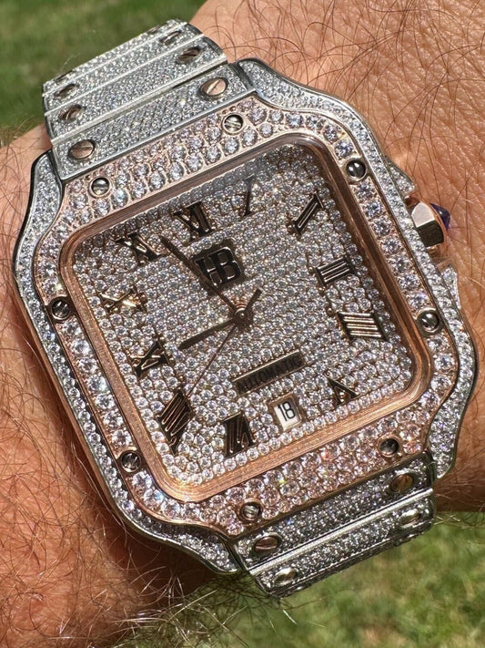 Hip Hop 14k Rose Gold Plated & Stainless Steel Two Tone Real Mens Watch Iced CZ Arabic