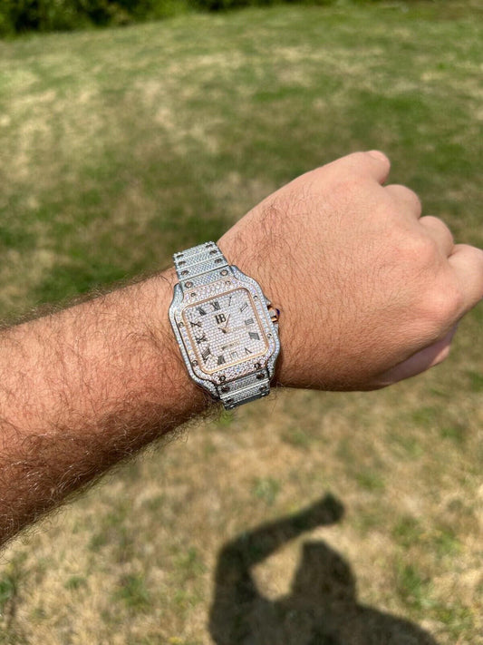 Hip Hop 14k Rose Gold Plated & Stainless Steel Two Tone Real Mens Watch Iced CZ Arabic