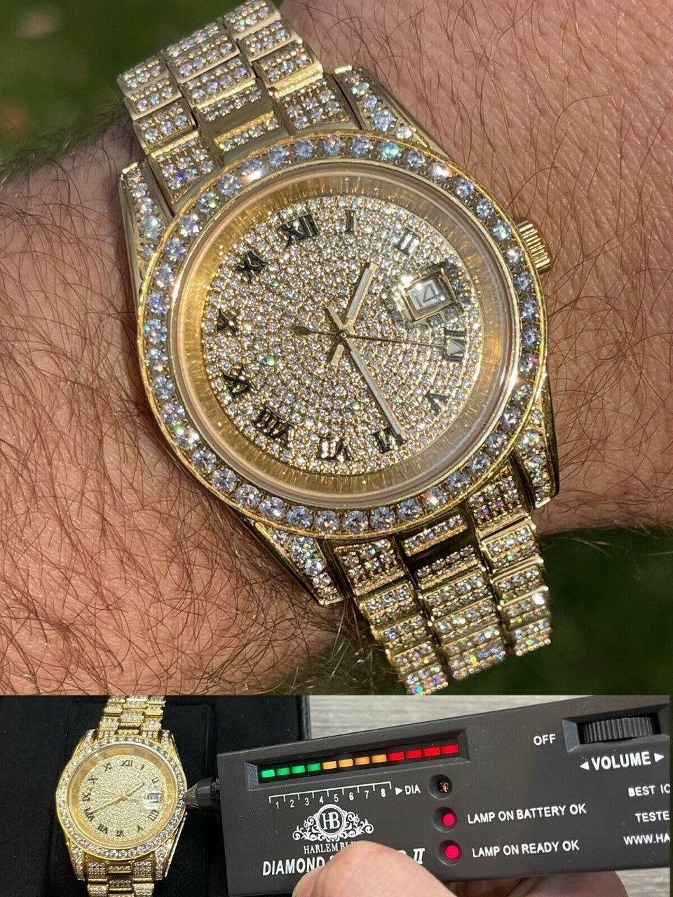 Hip Hop 15ct MOISSANITE Gold Mens Presidential Watch Iced Hip Hop Out Pass Diamond Test