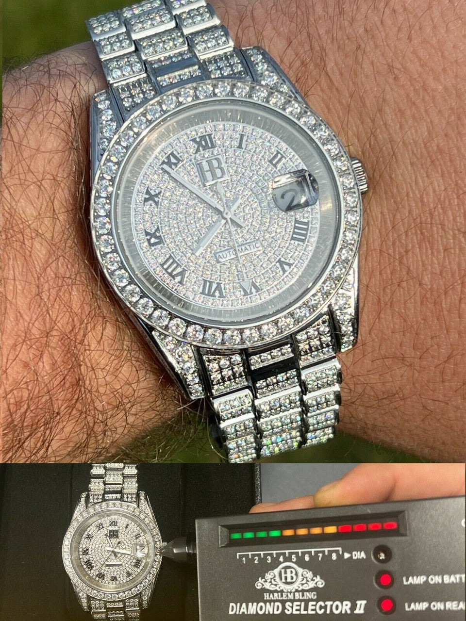 Hip Hop 15ct MOISSANITE Mens Presidential Watch Iced Bust Down Hip Hop Diamond Test 