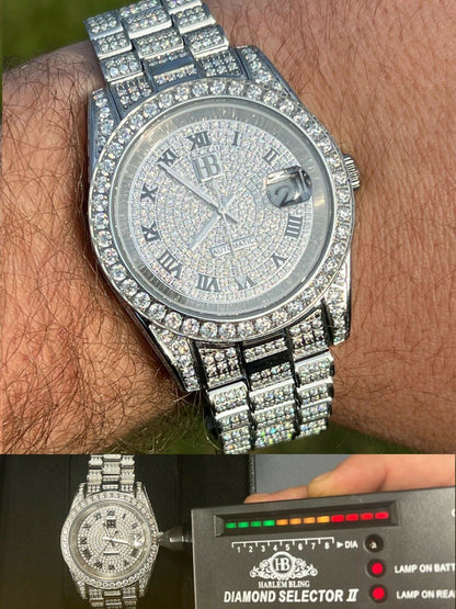 Hip Hop 15ct MOISSANITE Mens Presidential Watch Iced Bust Down Hip Hop Diamond Test 