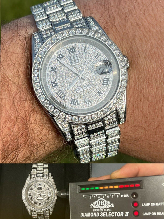 Hip Hop 15ct MOISSANITE Mens Presidential Watch Iced Bust Down Hip Hop Diamond Test 