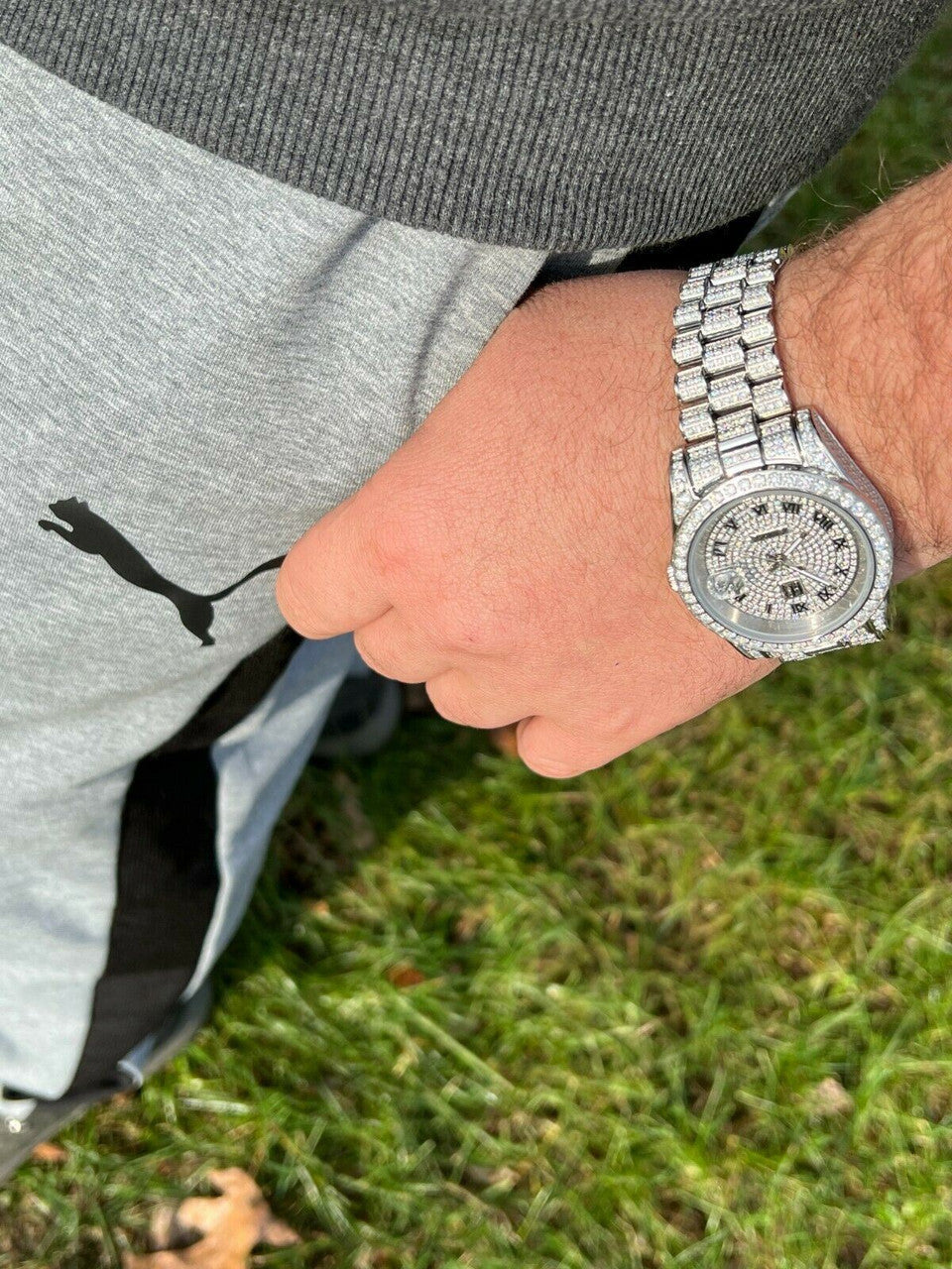 Hip Hop 15ct MOISSANITE Mens Presidential Watch Iced Bust Down Hip Hop Diamond Test 