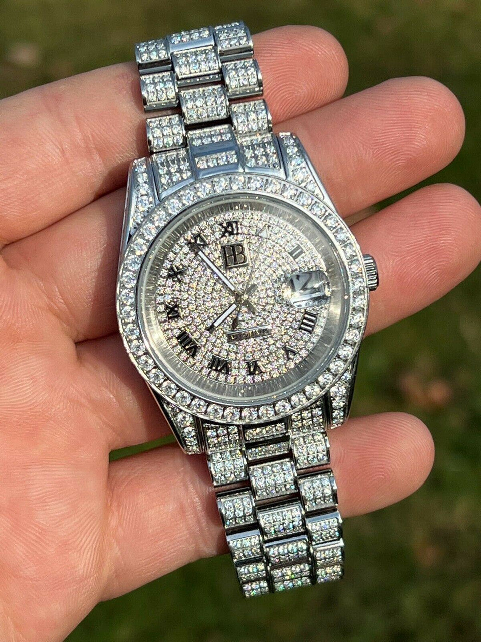 Hip Hop 15ct MOISSANITE Mens Presidential Watch Iced Bust Down Hip Hop Diamond Test 