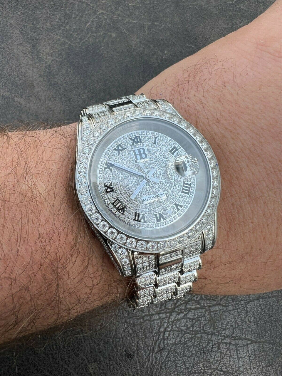 Hip Hop 15ct MOISSANITE Mens Presidential Watch Iced Bust Down Hip Hop Diamond Test 