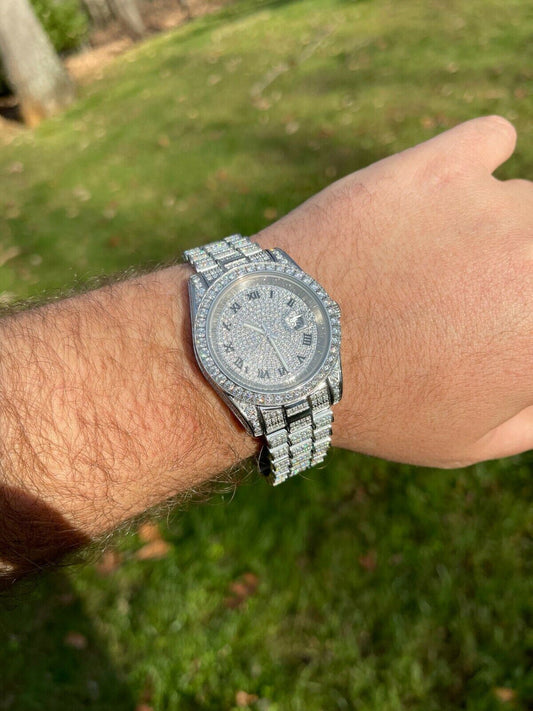 Hip Hop 15ct MOISSANITE Mens Presidential Watch Iced Flooded Out Hip Hop Diamond Test 