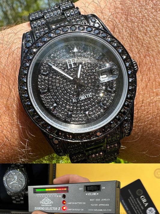 Hip Hop 16.1 ct Black MOISSANITE Mens Presidential Watch Iced Bust Down Hip Hop