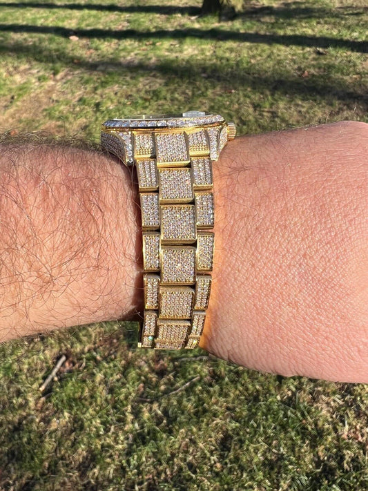 Hip Hop 16ct MOISSANITE Mens 14k Gold Over Stainless Watch Honeycomb Iced Arabic Dial