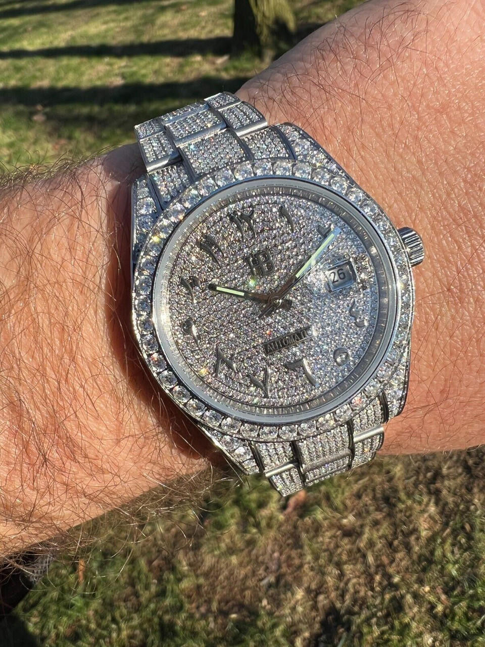 Hip Hop 16ct MOISSANITE Mens Presidential Watch Honeycomb Set Iced Arabic Dial Hip Hop