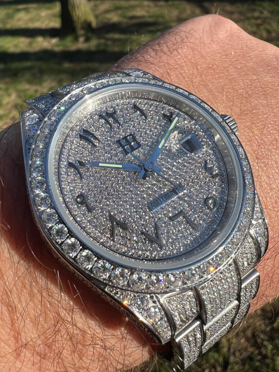 Hip Hop 16ct MOISSANITE Mens Presidential Watch Honeycomb Set Iced Arabic Dial Hip Hop