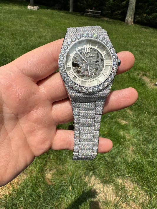 Hip Hop 35.5ct MOISSANITE Automatic Skeleton Watch Mens Real Iced Hip Hop Passes Tester