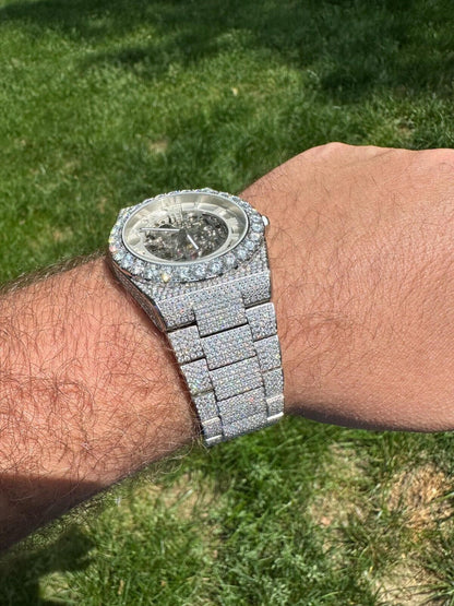 Hip Hop 35.5ct MOISSANITE Automatic Skeleton Watch Mens Real Iced Hip Hop Passes Tester