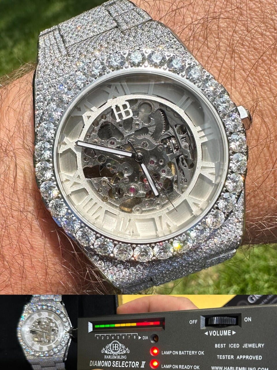 Hip Hop 35.5ct MOISSANITE Automatic Skeleton Watch Mens Real Iced Hip Hop Passes Tester